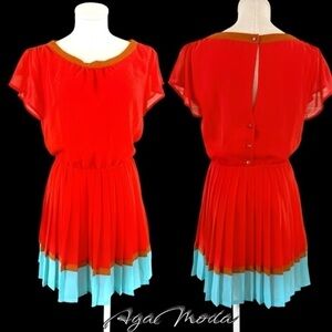 I Love H81 Red Pleated Dress with Turquoise Hem and Elastic Waist.